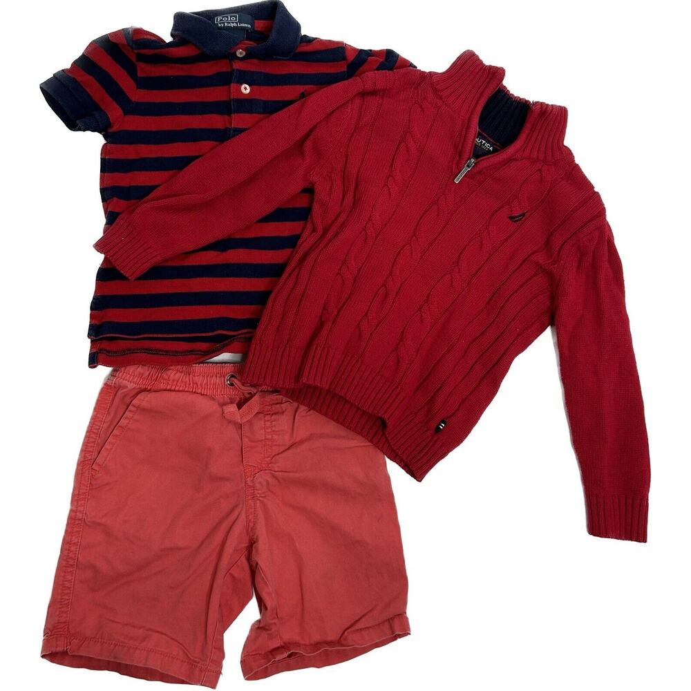 Preppy reds -Cotton—Nautica sweater, Polo shirt, Carter shorts, sz 2T outfit